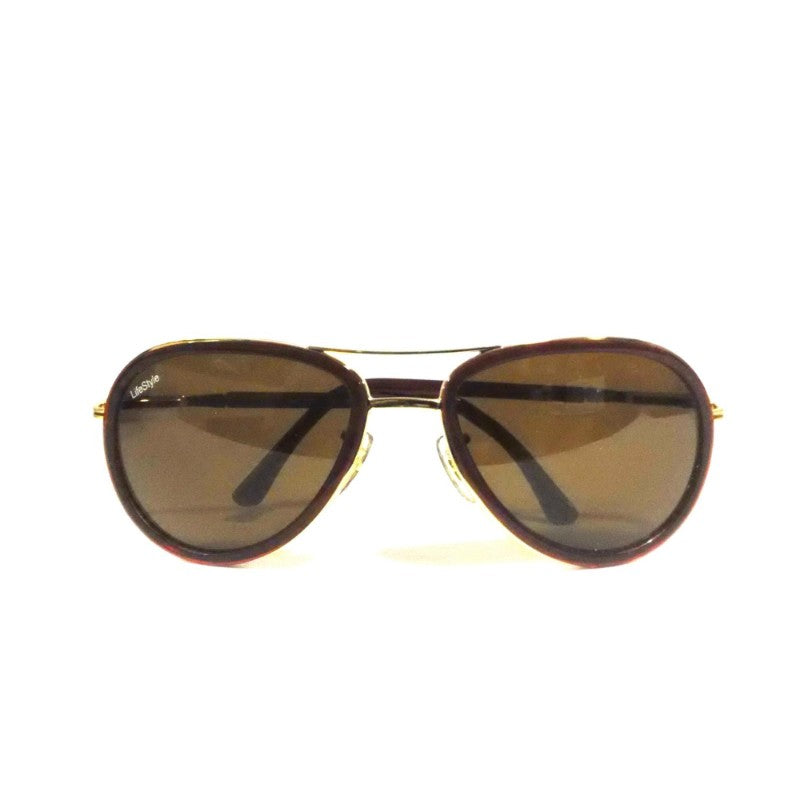 Gold Double-Bridge Teardrop Pilot Sunglasses with Inner Brown Rim & Brown Lens