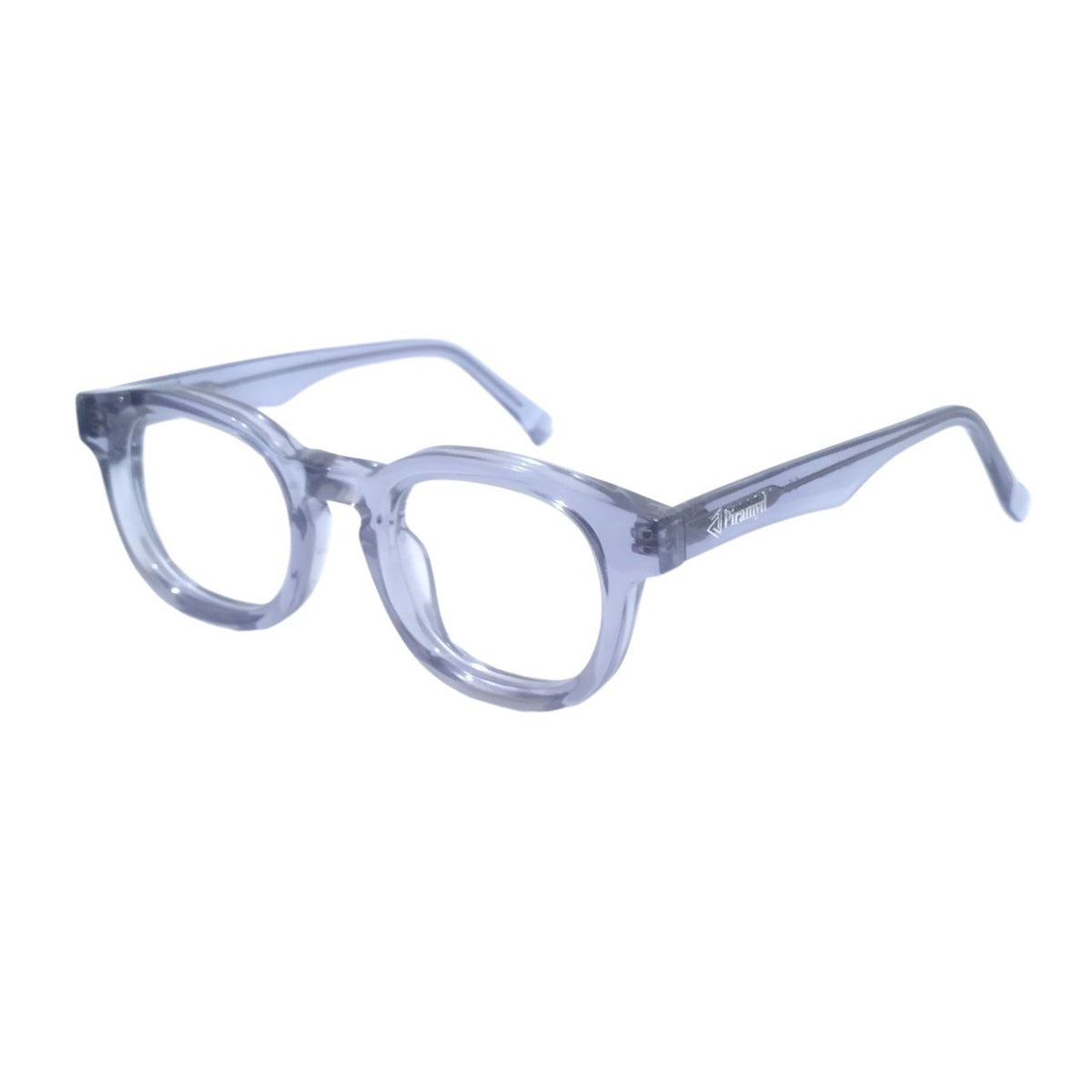 Angular view of ARTISAN Aristo Round Square handcrafted acetate glasses in Transparent Grey, size 48-24-145.