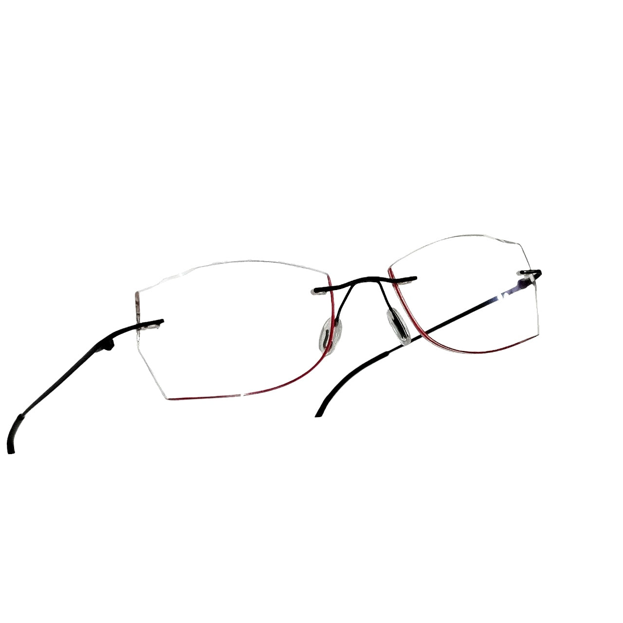Black Rimless Butterfly Glasses with Red Border and Laser-Cut Lenses