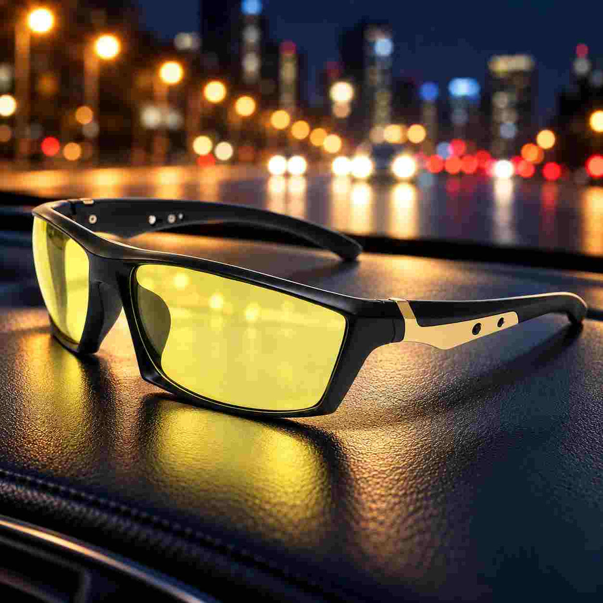 Night driving glasses with gold-tone side accent