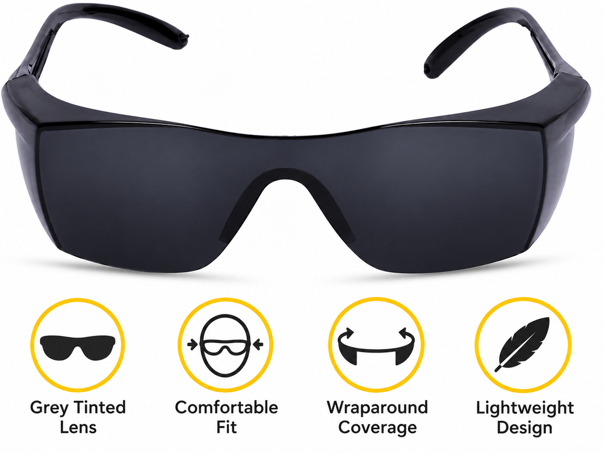 EYESafety grey cataract glasses with grey tinted lens, comfortable fit, wraparound coverage and lightweight design