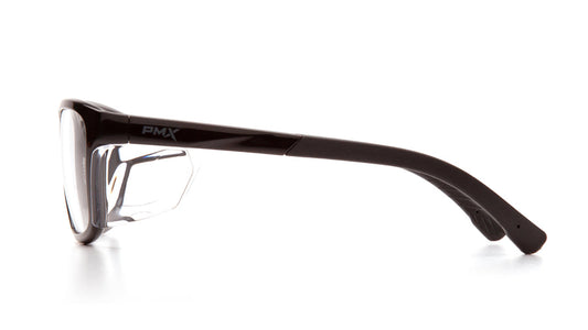 Pyramex Conaire black safety glasses side view showing transparent side shield