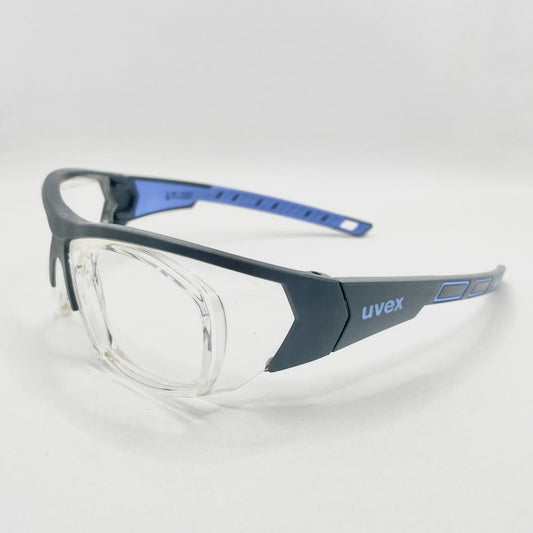 Uvex 5518 dry eye protection glasses with grey blue frame and side shield coverage