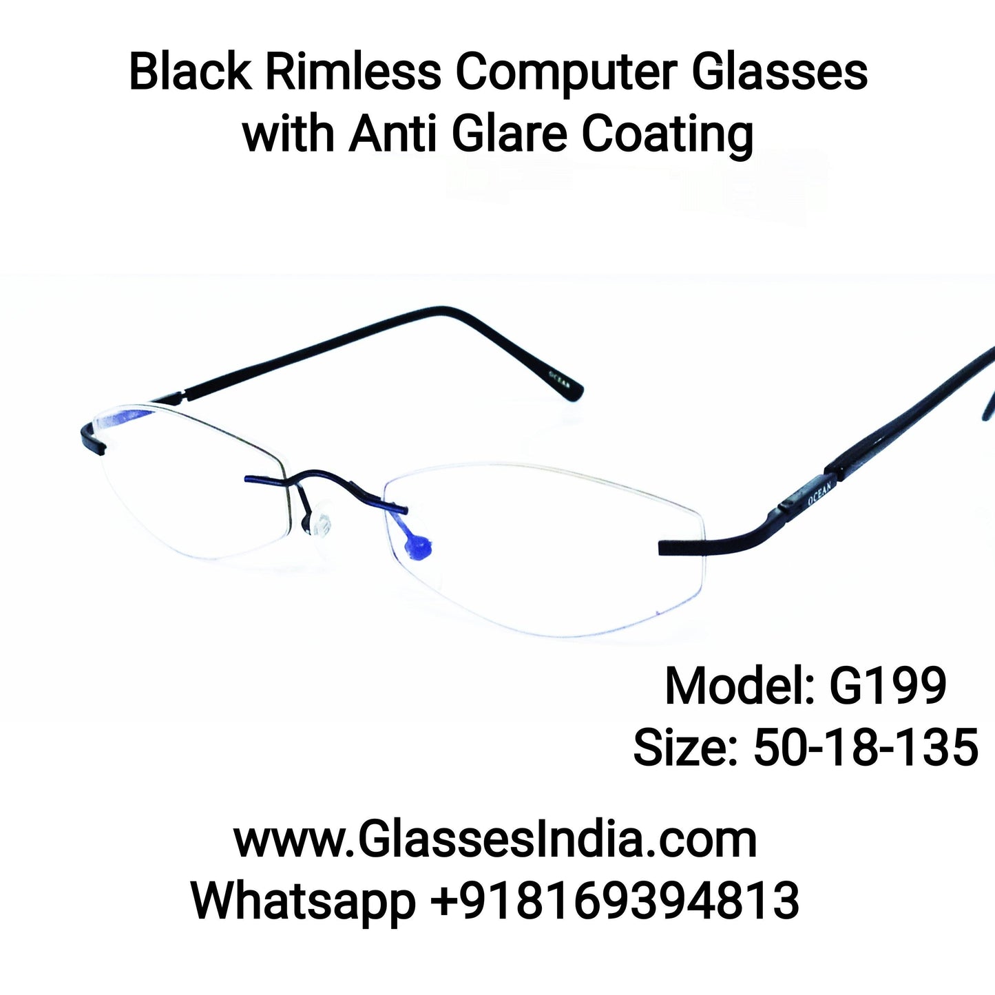 Buy Black Rimless Computer Glasses with Anti Glare Coating G199 - Glasses India Online in India