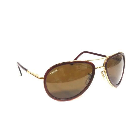 Gold Double-Bridge Teardrop Pilot Sunglasses with Inner Brown Rim & Brown Lens