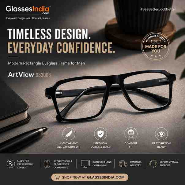 ARTView Black Rectangle Eyeglass Frame for Men – Model 983003