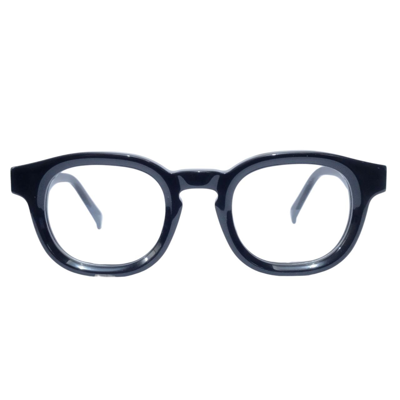 Front view of ARTISAN Aristo Round Square handcrafted acetate glasses in black, size 48-24-145.