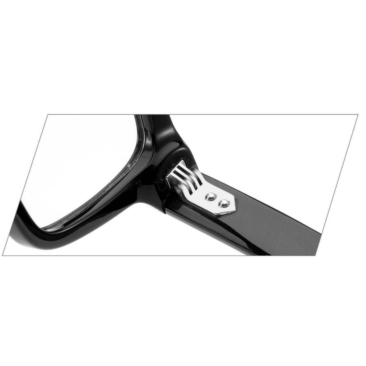 Close-up of ARTISAN Axis dual-tone acetate rectangular eyeglasses showing reinforced hinge design and layered acetate construction