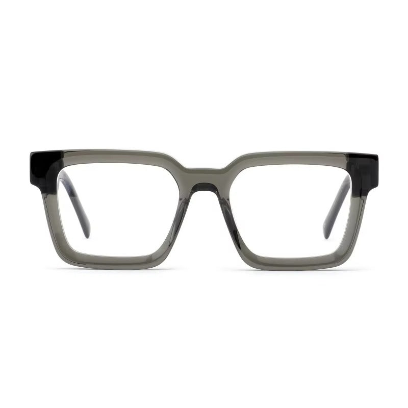 Front view of ARTISAN Forte premium deep grey acetate rectangular eyeglasses highlighting sharp lines and modern styling.