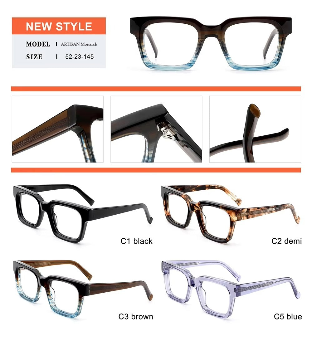 ART-SKILL Monarch – Handcrafted Bold Rectangular Acetate Glasses (52-23-145)