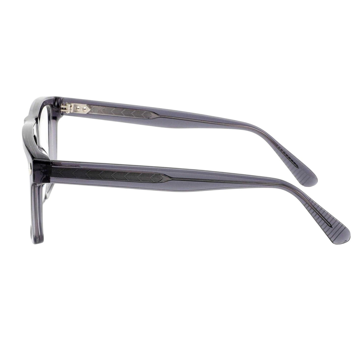 Side profile of ARTISAN Regent Grey Smoke rectangular acetate glasses showing intricate core detailing