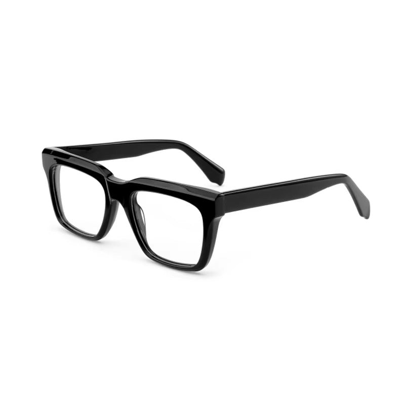 Premium ARTISAN Vanguard handcrafted acetate eyeglasses in classic black with bold rectangular shape – size 55-19-150.