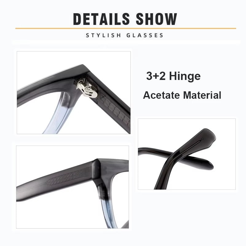Close-up details of ARTISAN Vanguard handcrafted acetate eyeglasses showing reinforced 3+2 hinge, polished finish, and durable temple arms – size 55-19-150.