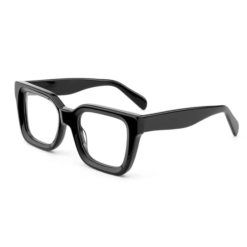 ARTISAN Bastille Solid Black oversized square handcrafted acetate glasses, high-gloss finish, size 52-21-145.