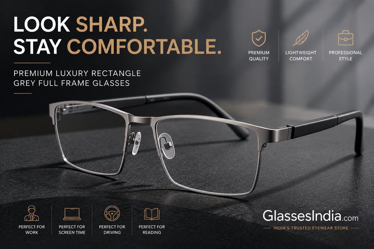 Premium Luxury Rectangle Grey Full Frame Glasses