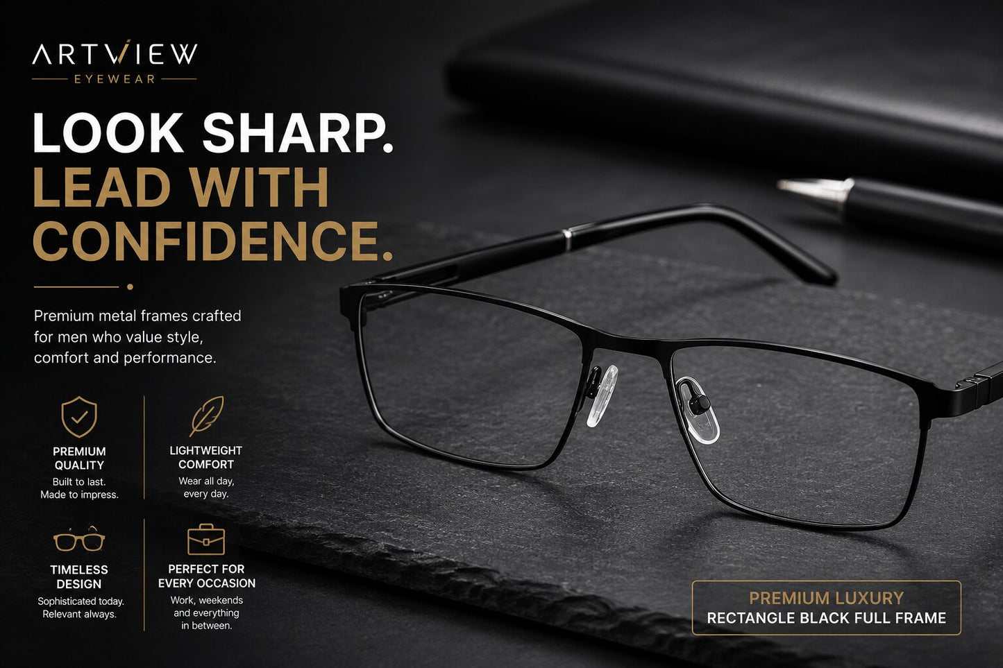 Premium Luxury Rectangle Black Full Frame Glasses