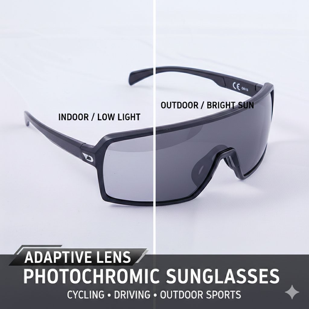 Adaptive lens photochromic sunglasses showing different light conditions on a white background.