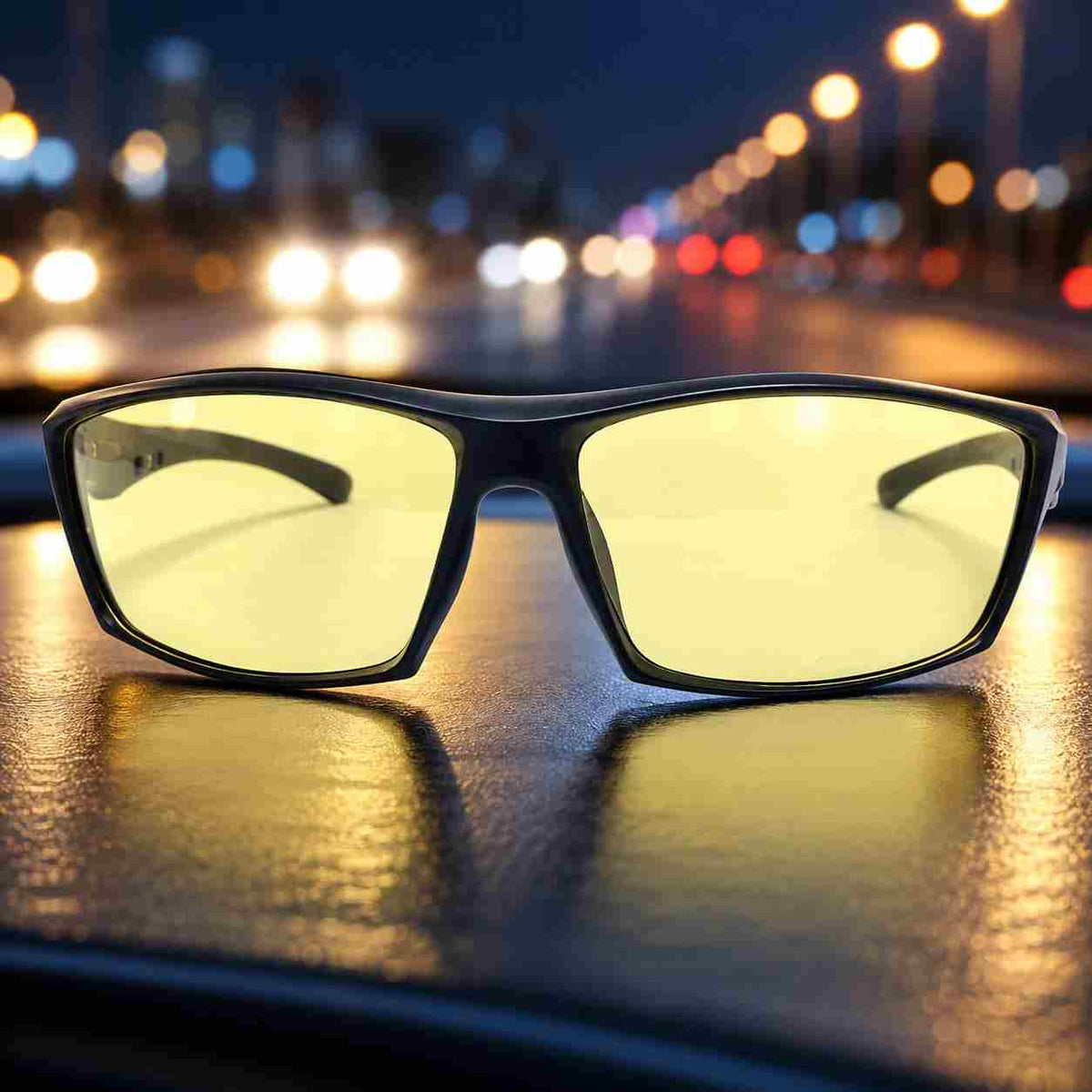 Yellow lens driving glasses in night road setting
