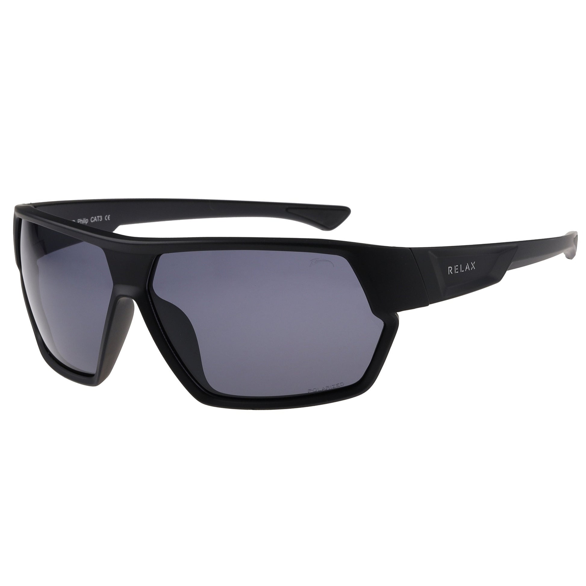 A pair of black sports polarized sunglasses with a matte finish and visible hinges.