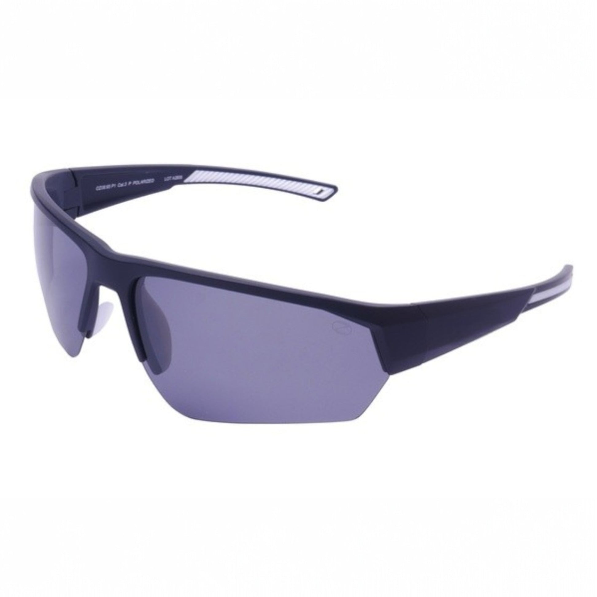 Sunglasses with dark lenses and a black frame on a white background
