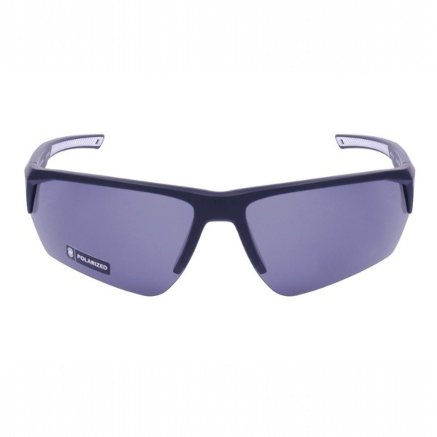 Sunglasses with black frame and purple lenses on a white background
