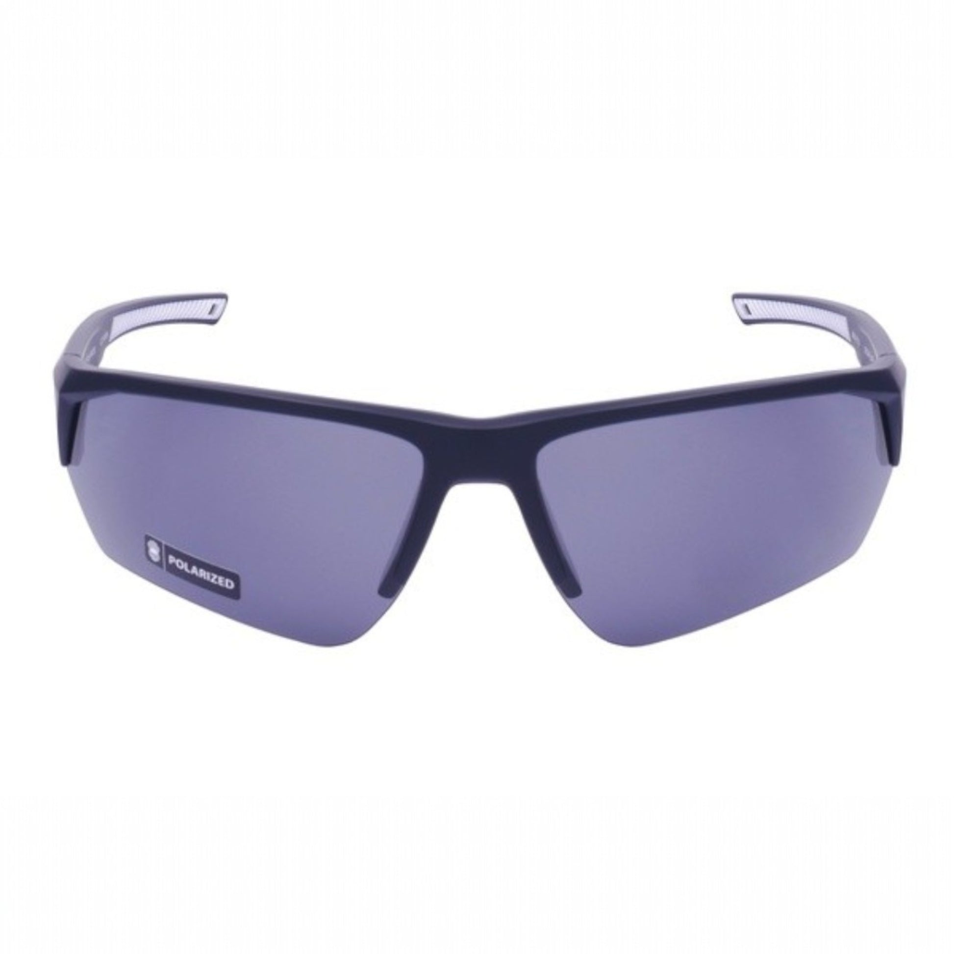 Sunglasses with black frame and purple lenses on a white background