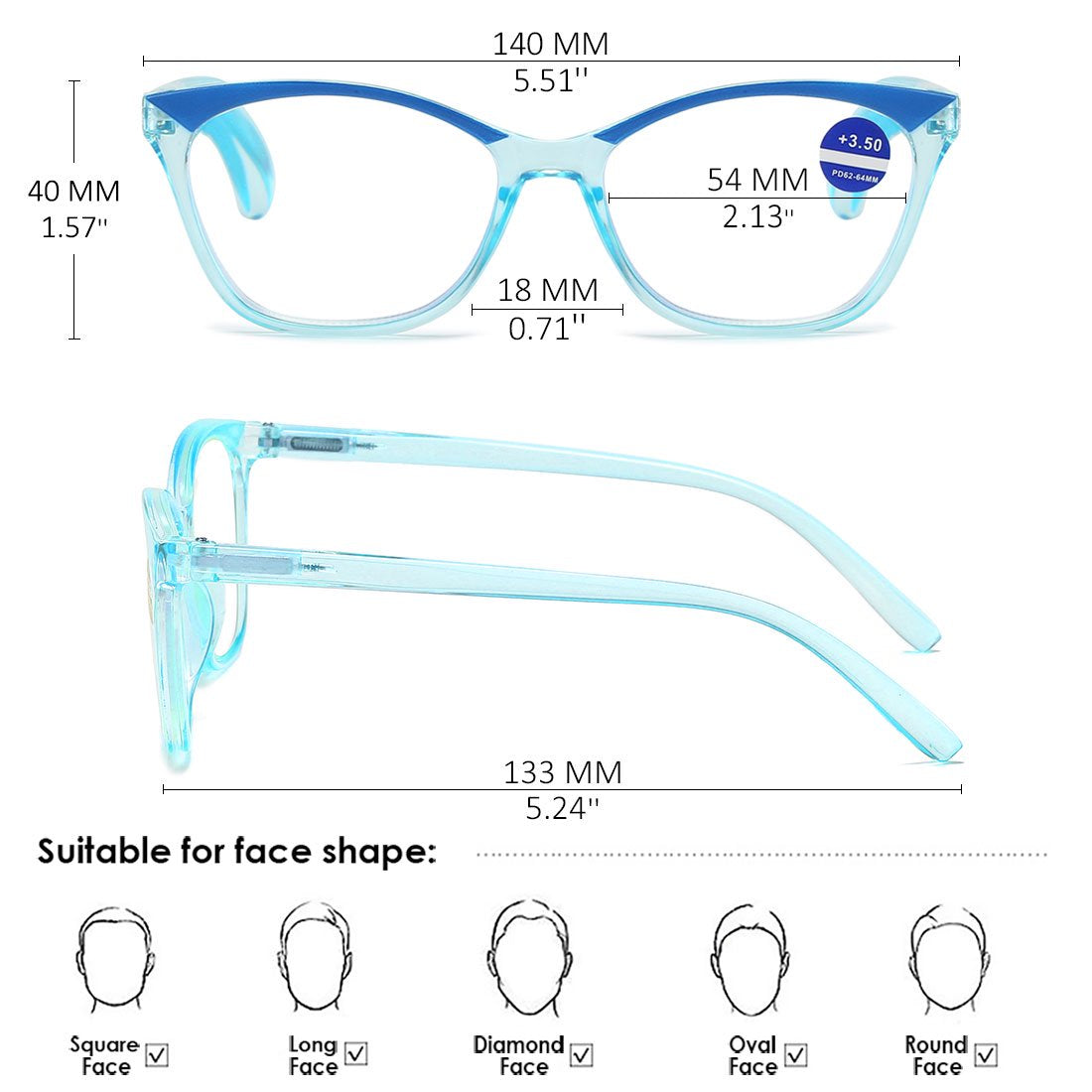 ARTView Blue Designer Full Frame Cat Eye Progressive Glasses for Women with Blue Light Filter