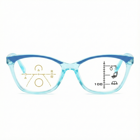 ARTView Blue Designer Full Frame Cat Eye Progressive Glasses for Women with Blue Light Filter