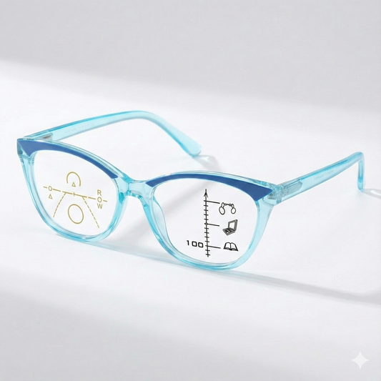ARTView Blue Designer Full Frame Cat Eye Progressive Glasses for Women with Blue Light Filter