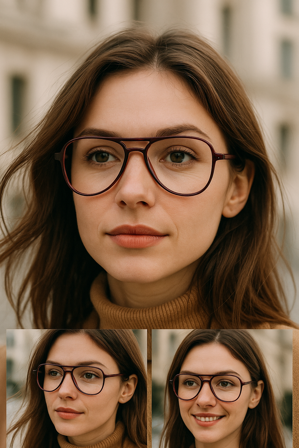 Close-up of a woman wearing glasses with additional views below Pilot Glasses  9148