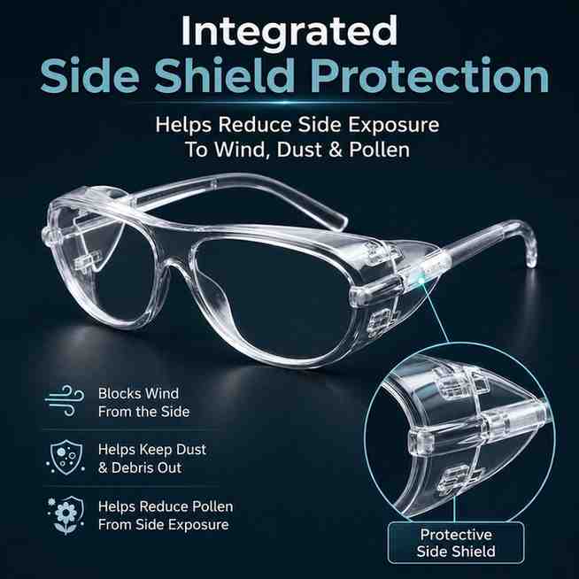 ES110 integrated side shield protection close up for wind dust and pollen exposure