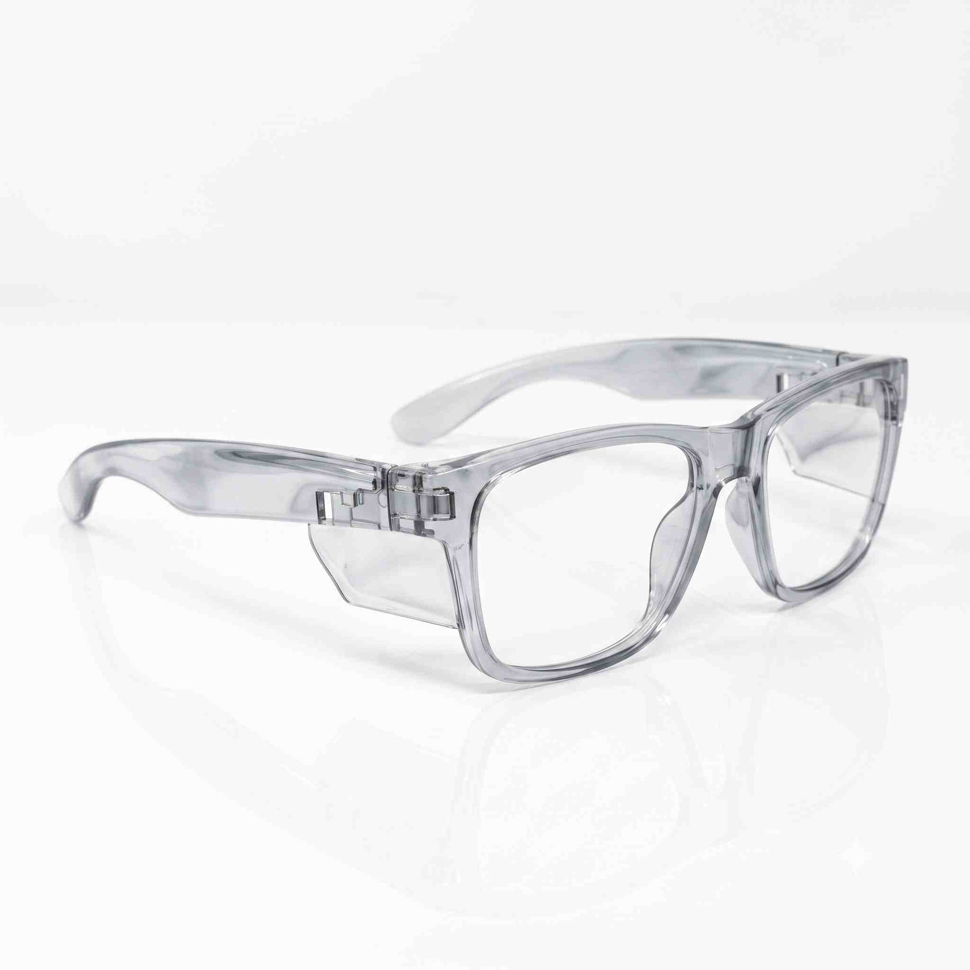 EYESafety ES017 three-quarter view showing grey transparent frame and side shields
