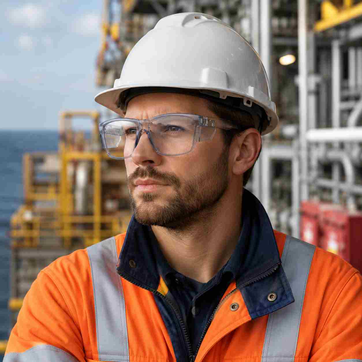 Industrial professional wearing EYESafety ES017 safety glasses with side shields