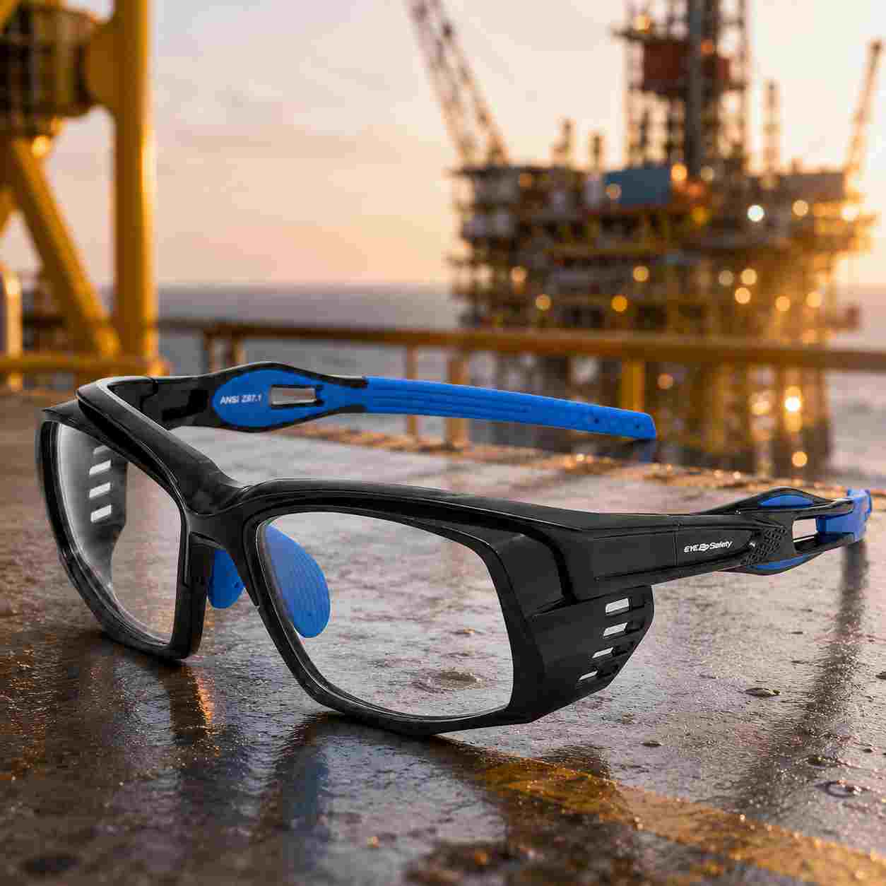 EYESafety ES022 premium safety glasses with offshore oil and gas background