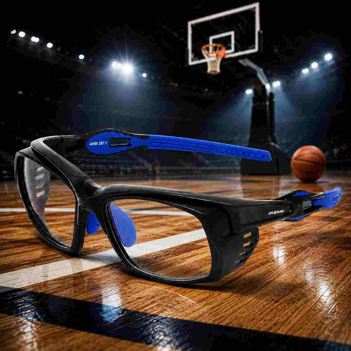 EYESafety ES022 premium sports glasses with basketball court background