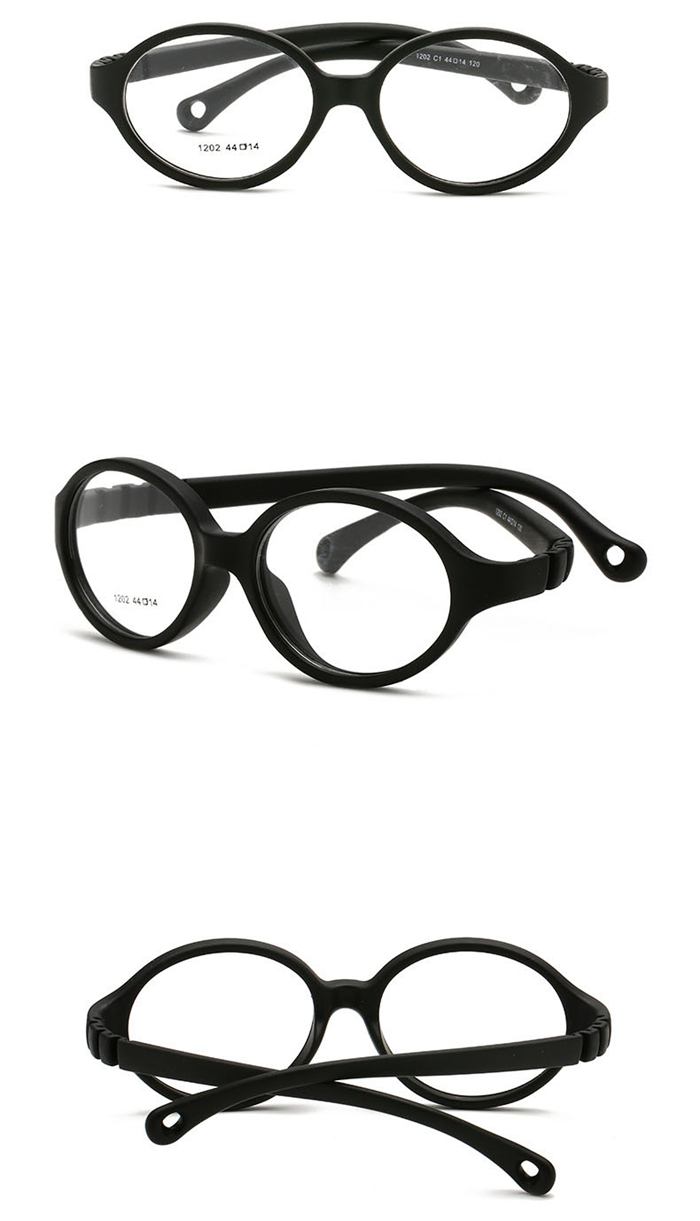 Black kids flexible unbreakable glasses Model 1202 shown from front, side and rear angles