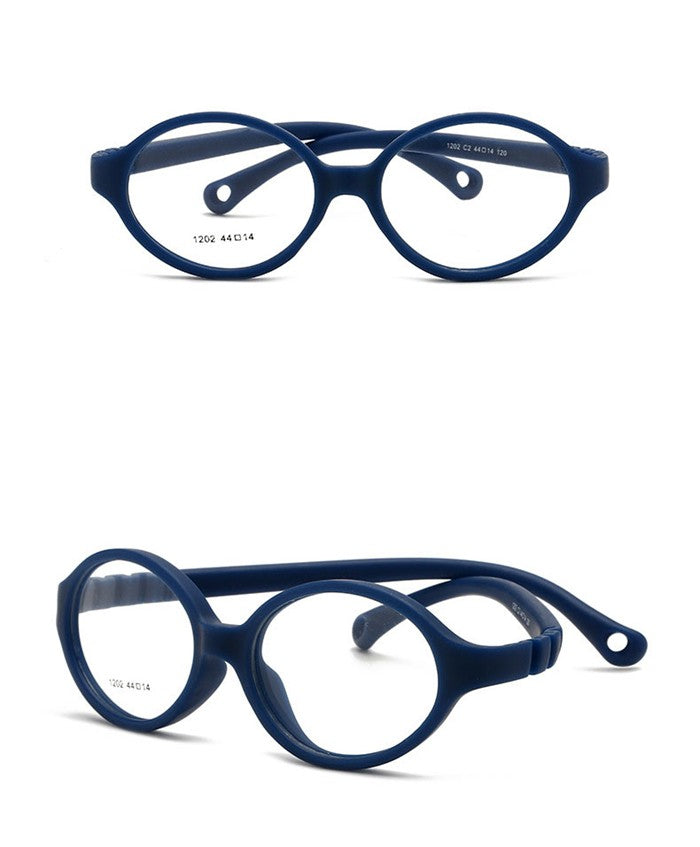 Dark blue kids flexible unbreakable glasses Model 1202 shown from front and side angles