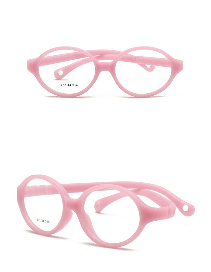 Pink kids flexible unbreakable glasses Model 1202 shown from front and side angles
