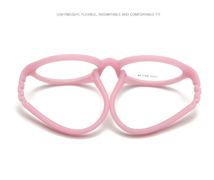 Pink flexible unbreakable kids glasses Model 1202 showing bendable frame construction