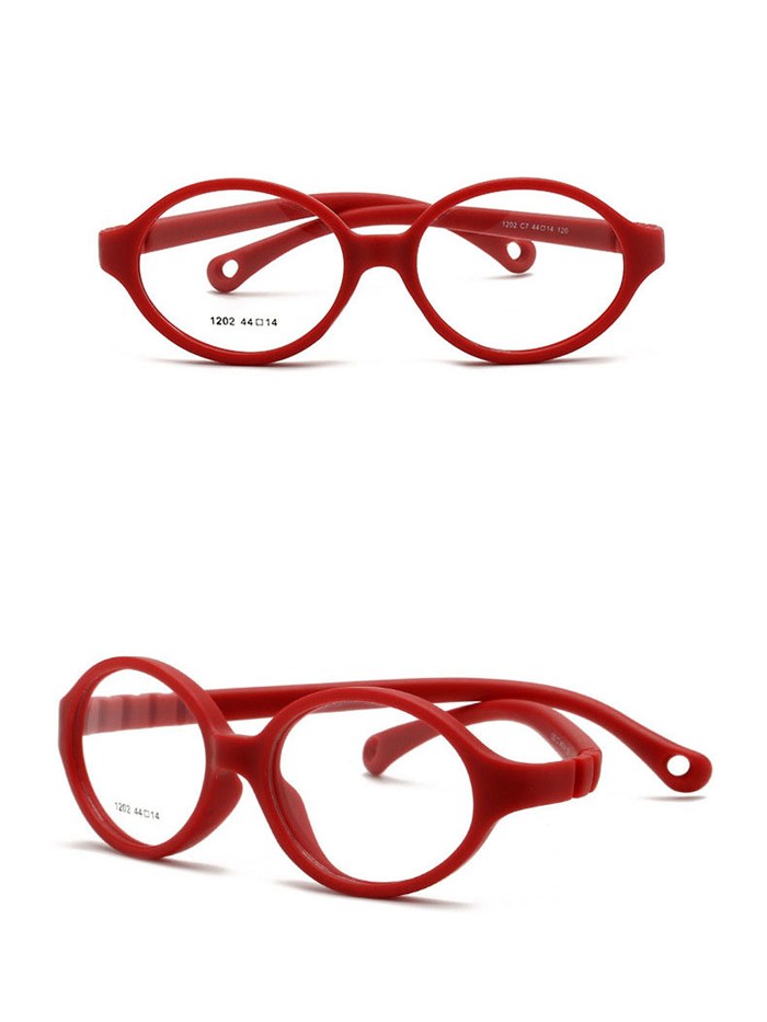 Red kids flexible unbreakable glasses Model 1202 shown from front and side angles