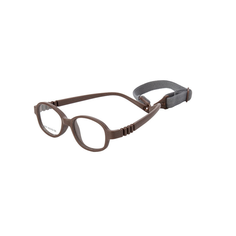 Brown flexible kids glasses model 6037 with adjustable strap for ages 2–3