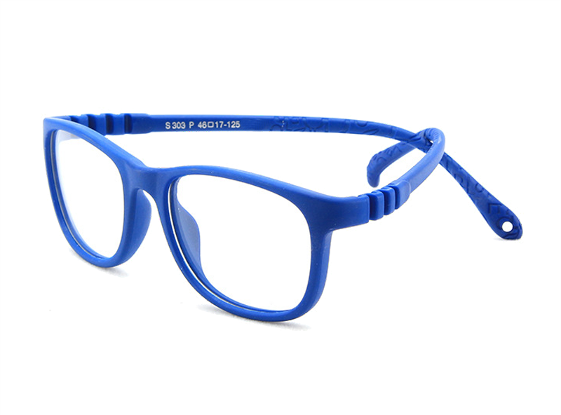 S303 navy blue flexible rectangle kids glasses showing size 46-17-125