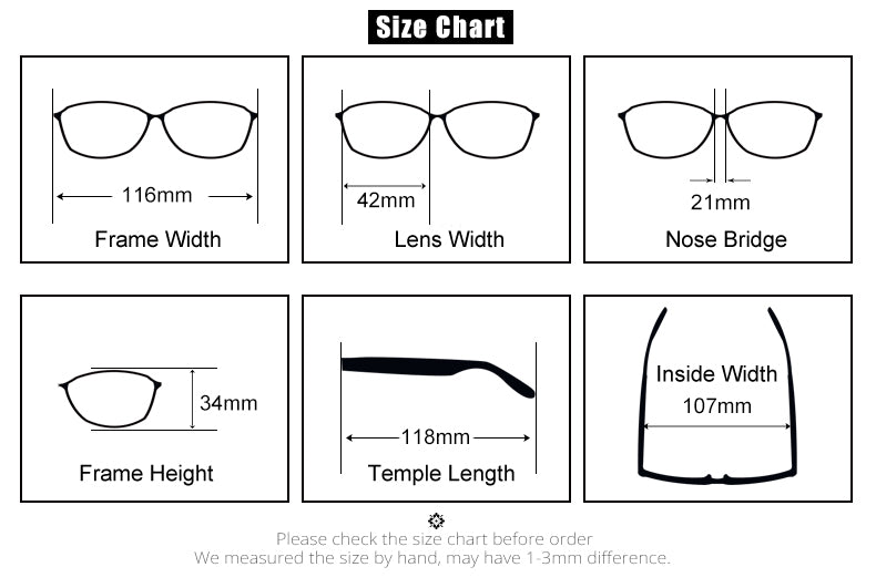 S304 kids glasses size guide showing 43 mm lens width, 21 mm bridge and 118 mm temple length