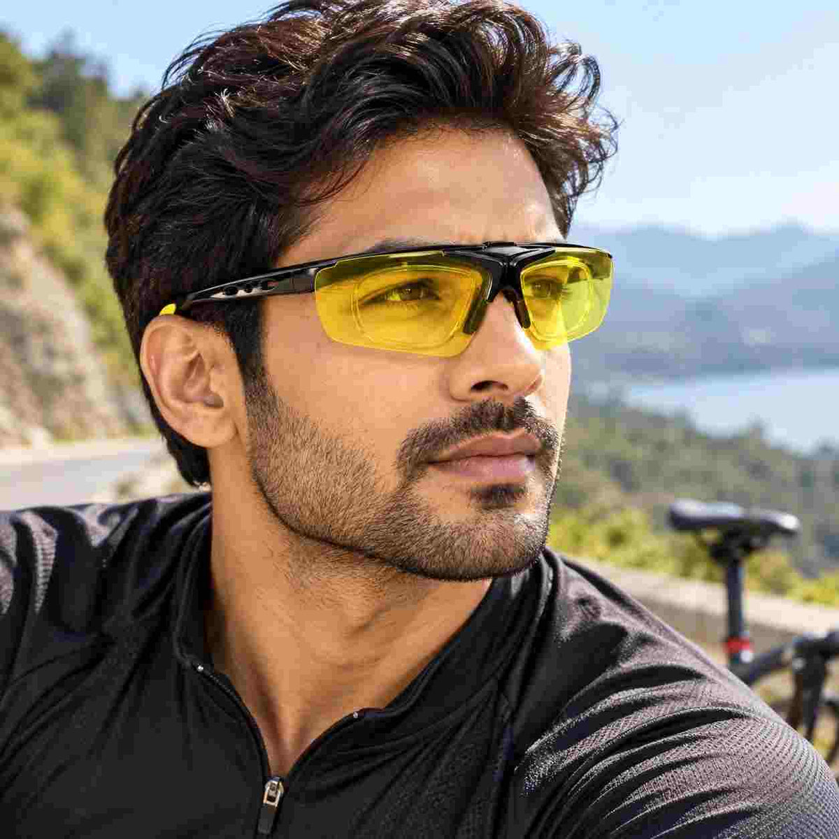 Black Blue Mirror Flip-Up Sports Sunglasses with power for cycling