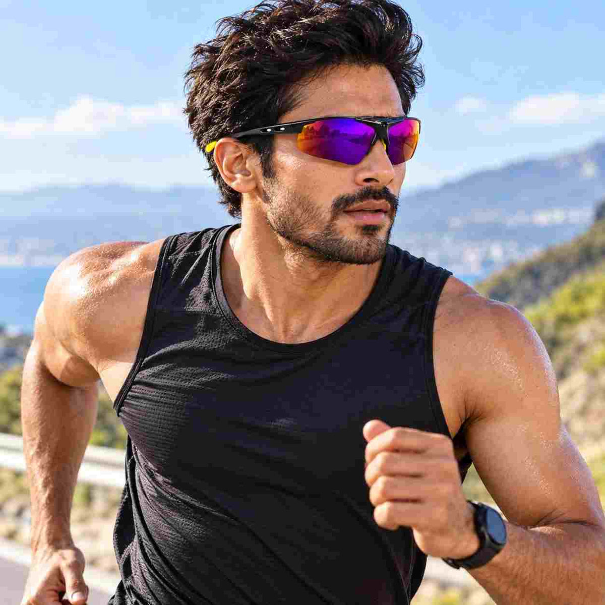 Black Purple Mirror Flip-Up Sports Sunglasses with power for running