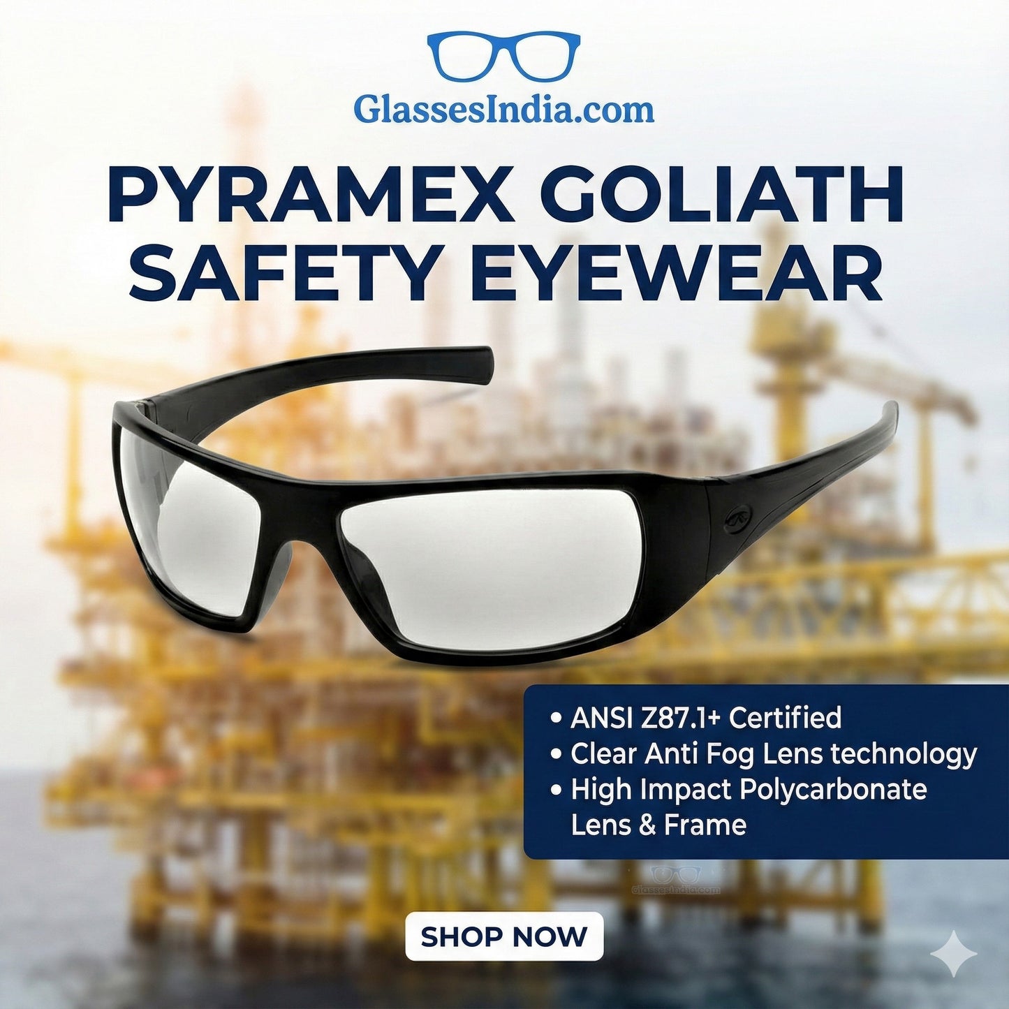 Pyramex Goliath safety eyewear with product details on a blurred industrial background