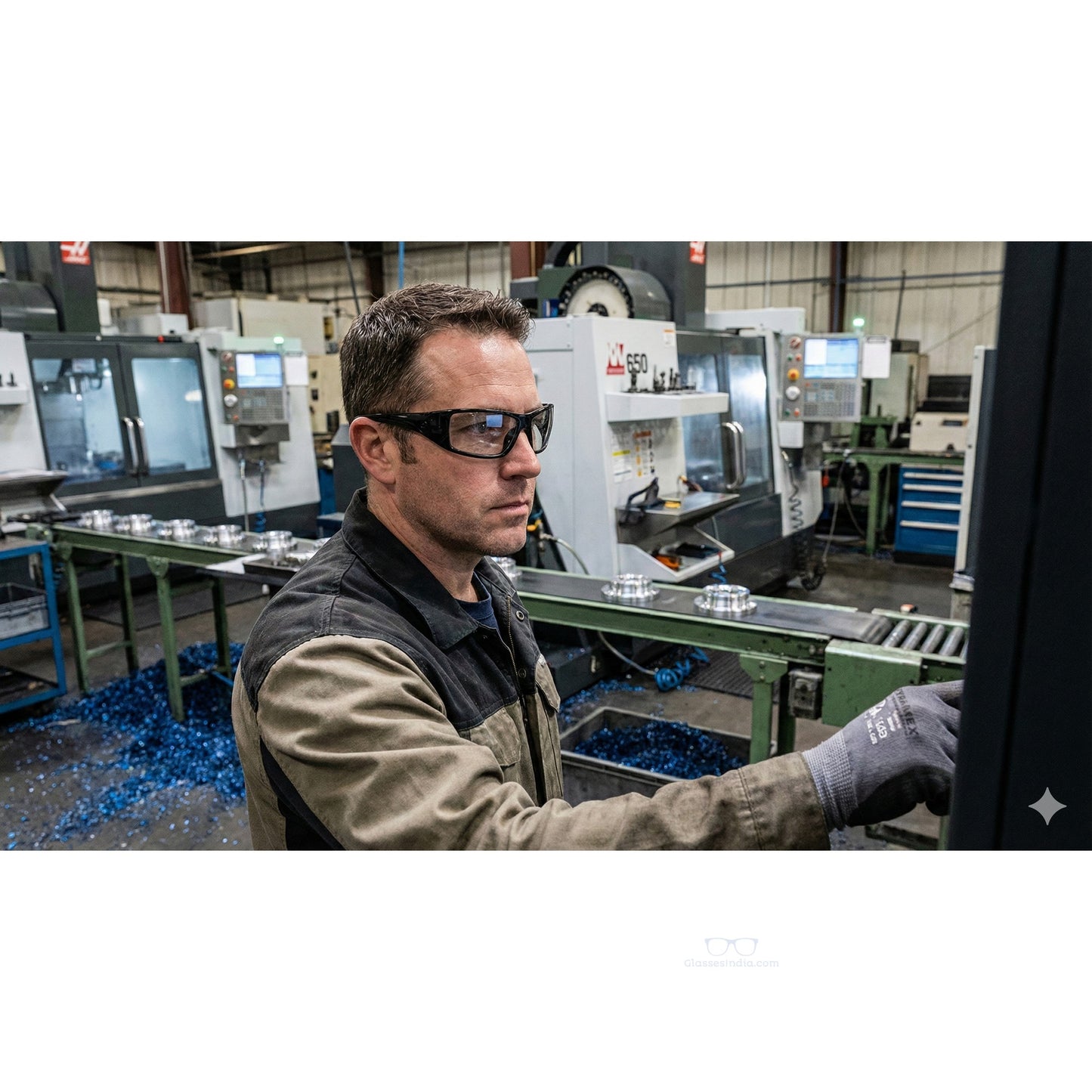 Person wearing Pyramex Goliath Anti Fog safety glasses and gloves working in a factory setting with machinery and computers.