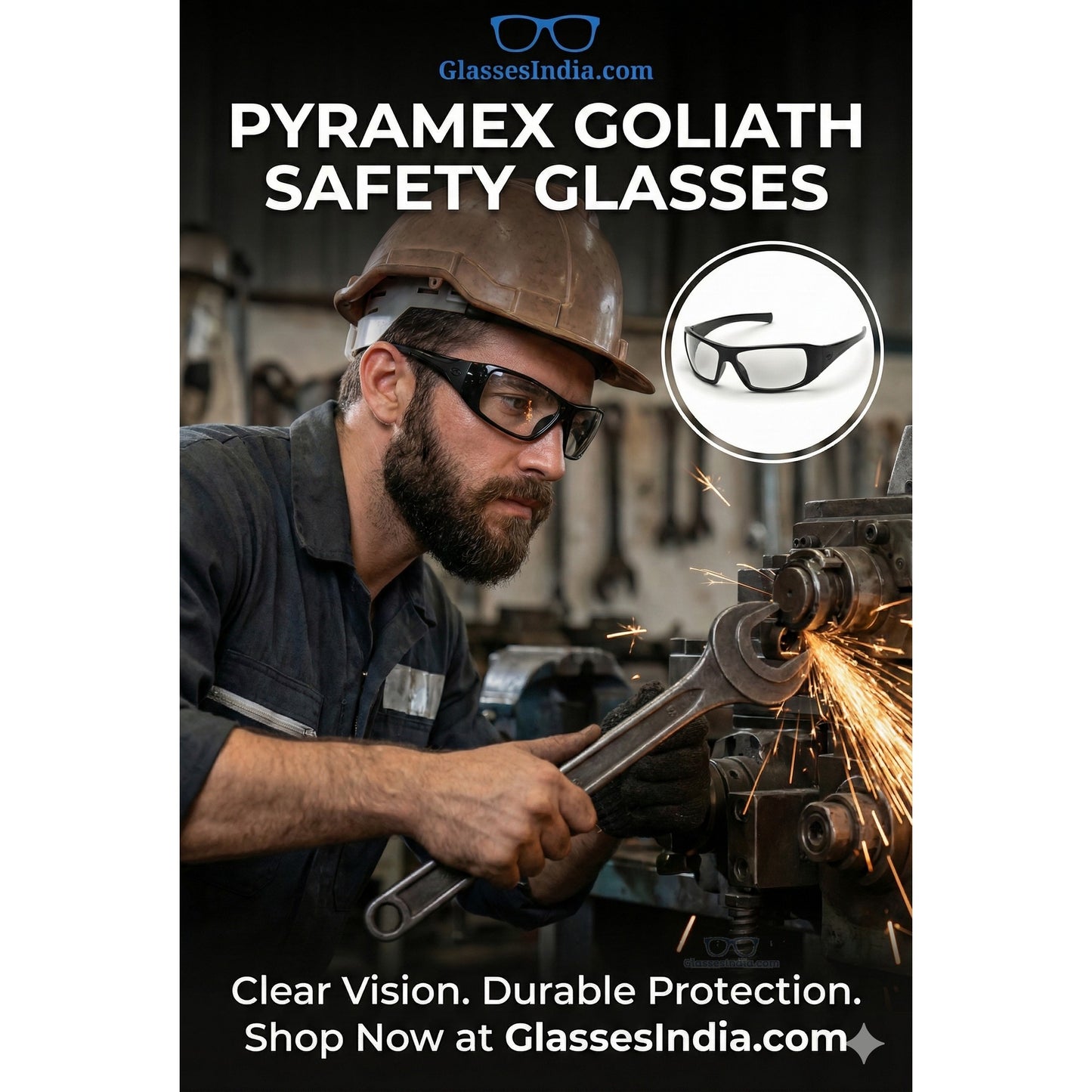 Person using a grinder with sparks, wearing Pyramex Goliath safety glasses, on a white background.