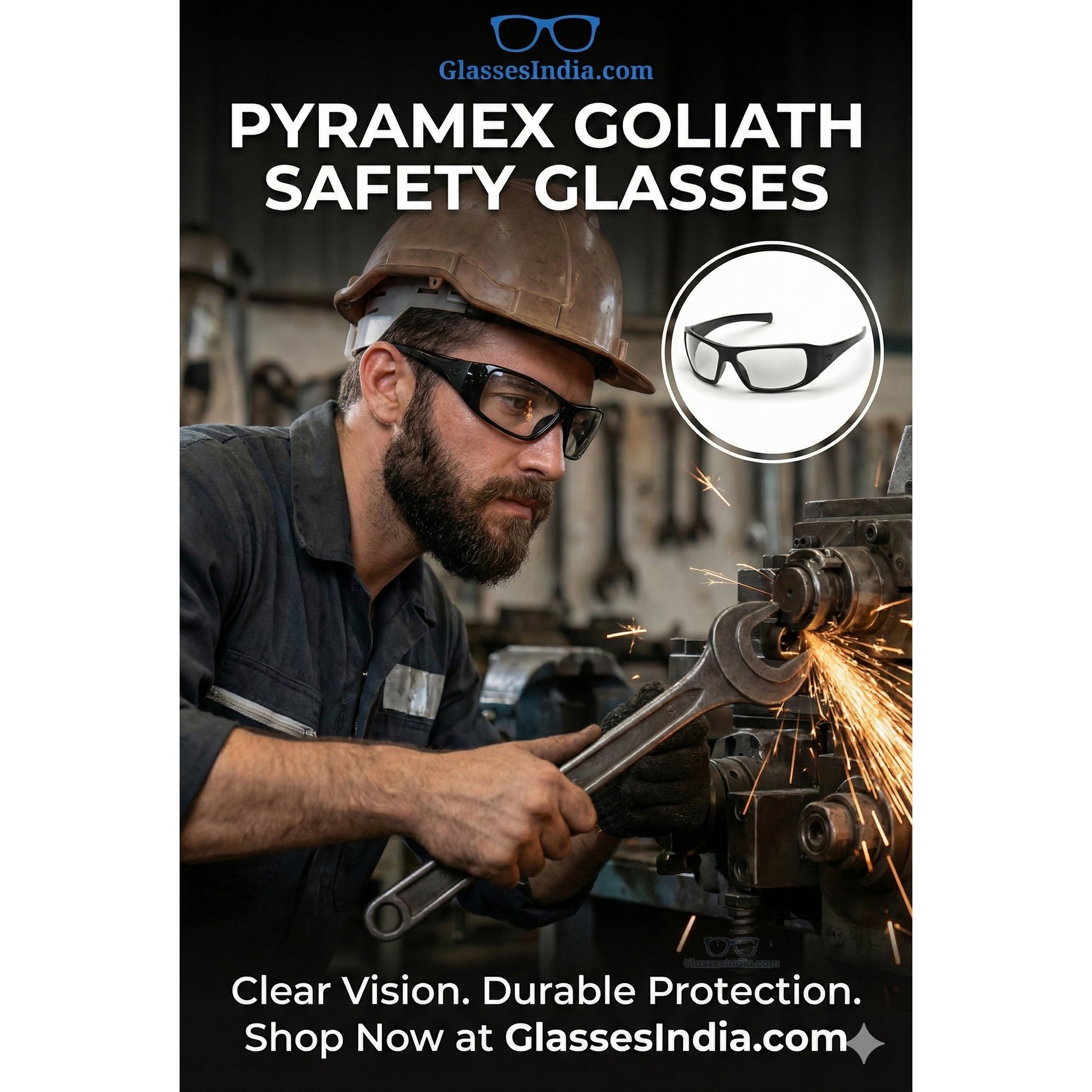Person using a grinder with sparks, wearing Pyramex Goliath safety glasses, on a white background.