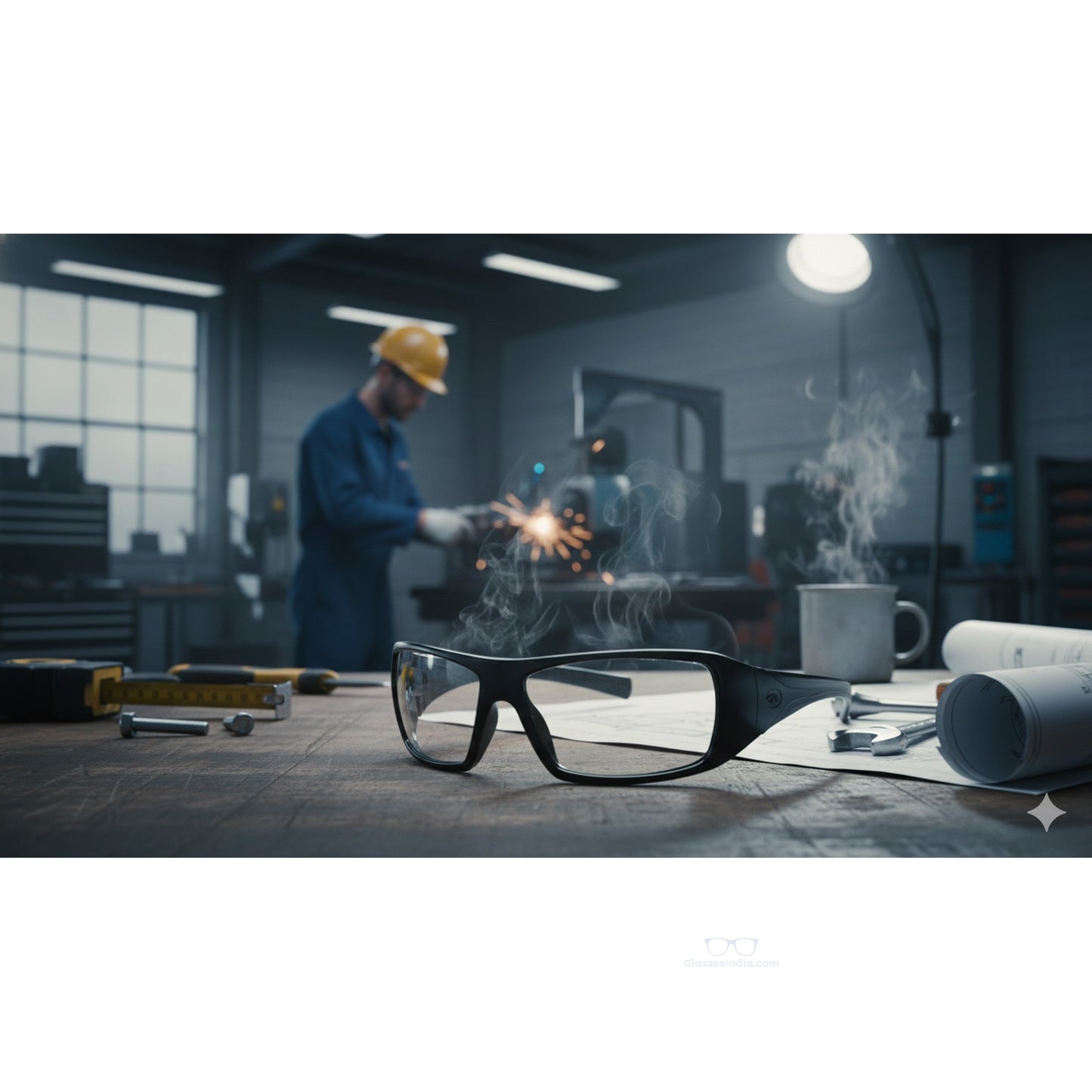 Pyramex Goliath safety glasses on a workbench with a factory setting in the background
